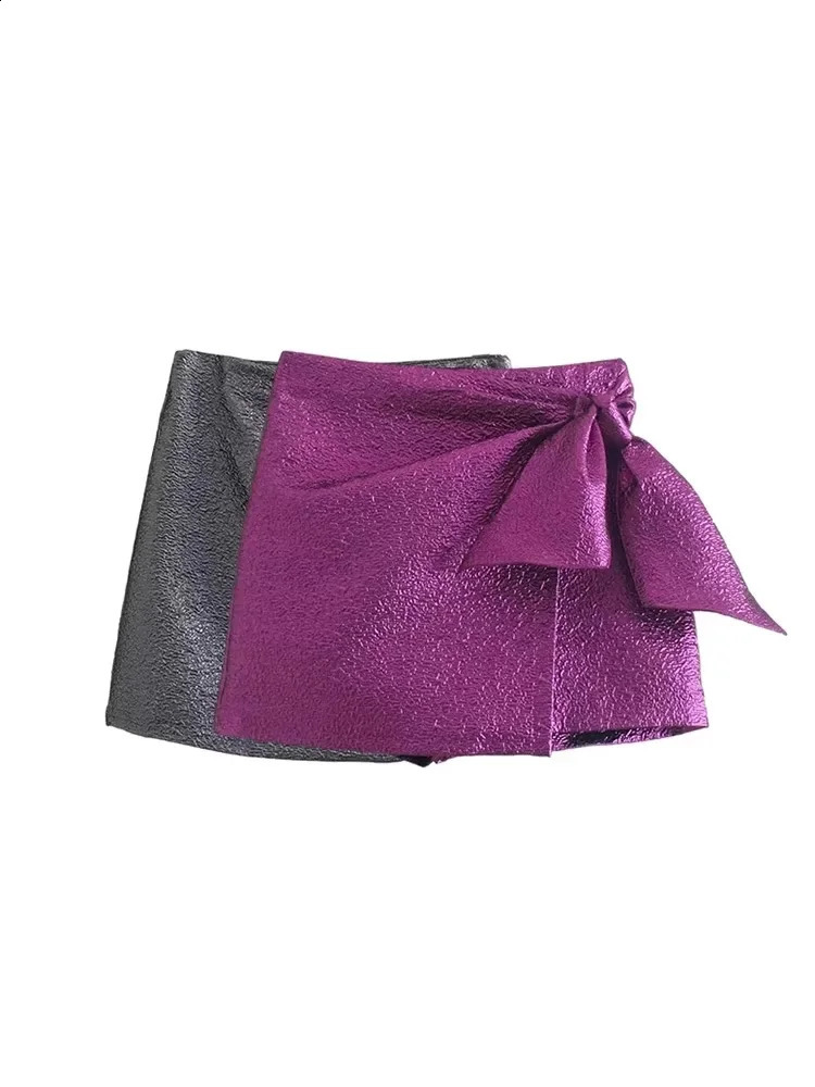 TRZA Women Fashion With Bow Tied Textured Shorts Skirts Vintage High Waist Side Zipper Female Skort Mujer 250319