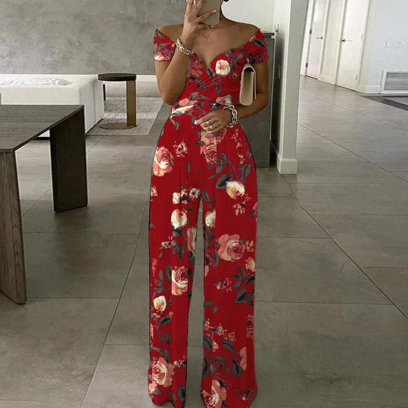 Floral Print Jumpsuit Summer Y2k Women Straight Party Overalls Y2k Club Romper Elegant Off Shoulder Sleeveless Party Jumpsuits 250319