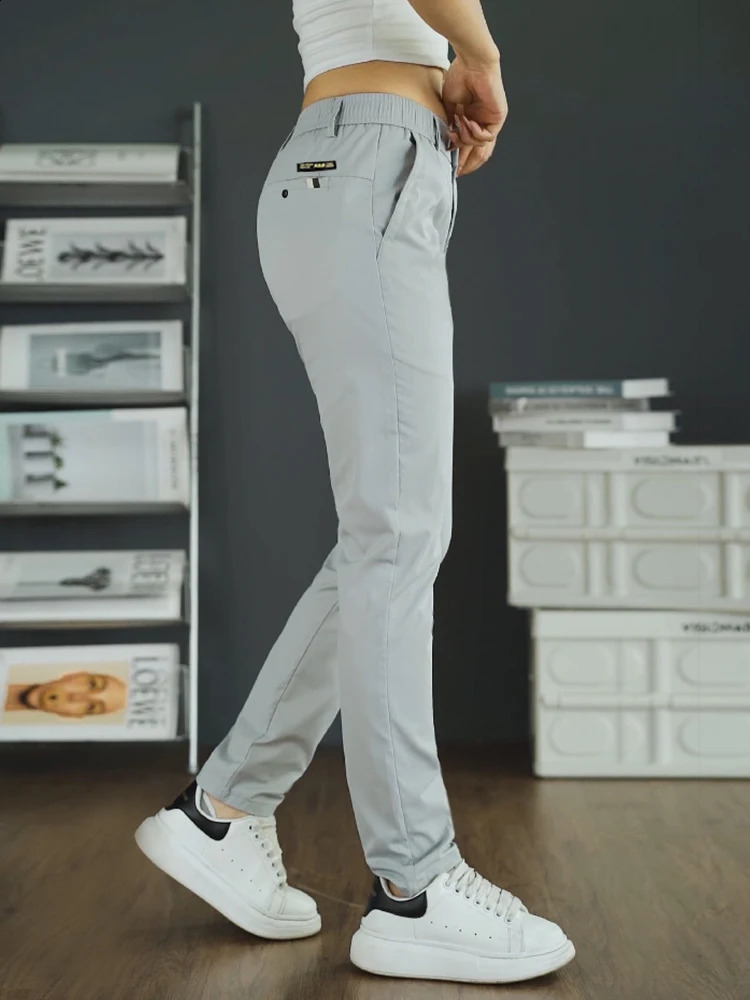 2025 Business Ice Silk Pants Straight Elastic Waist Black Grey Trouser Breathable Simple Mens Clothing Casual Set 250311