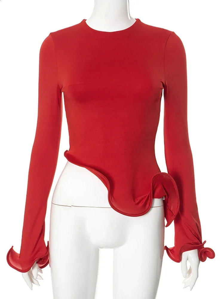 Trendix Slim Long Sleeve Ruffle Tshirts Women Fashion Patchwork Solid Asymmetry T-shirts Ladies Fashion Y2k Solid Top Femme 250319