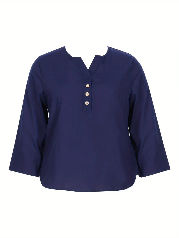 Plus size womens cotton button long sleeved pure casual loose Vneck shirt Tshirt top 250319