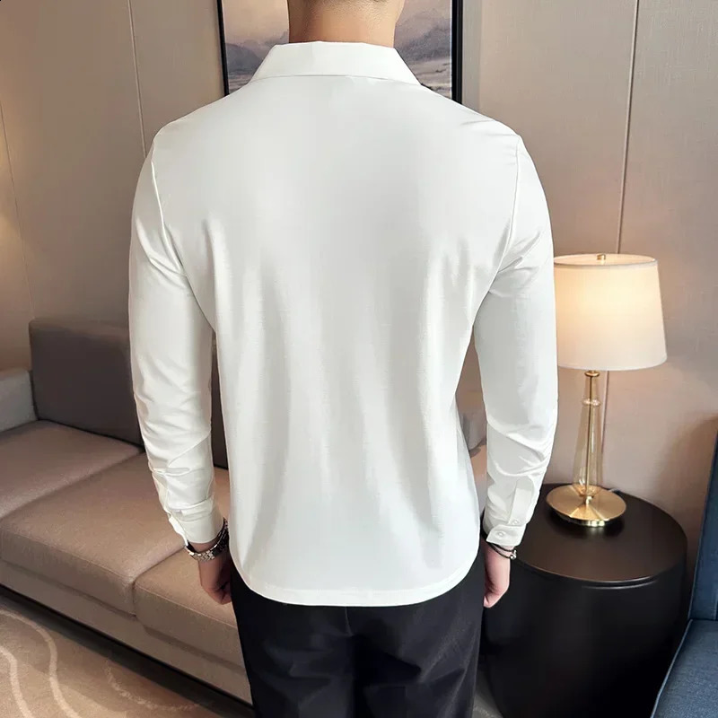 High elasticity slim fit mens T-shirt autumn ice silk seamless long sleeved solid casual V-neck polo shirt mens clothing 250318