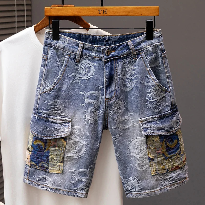 2024 Summer Thin Personalized Dragon Pattern Fashion Loose Denim Shorts for Men Street Straight Blue Male 250319