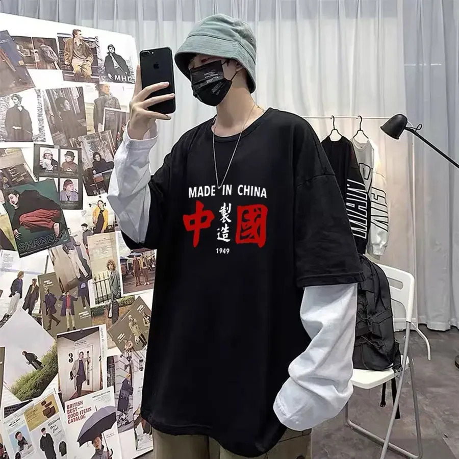 Mens Tshirt Chinese style mens 2025 spring retro clothing long sleeved printed street casual Y2k top 250319