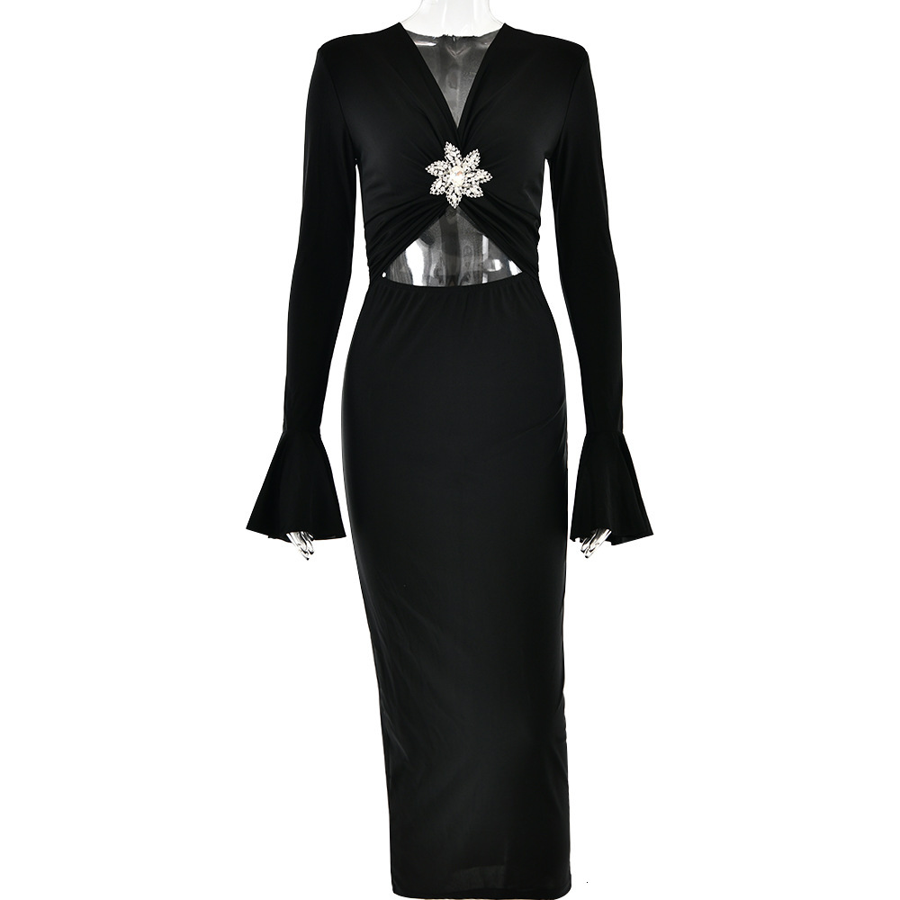 Spring summer new V-neck flared sleeve dress with fashionable temperament and sexy spicy girl tight fish tail skirt