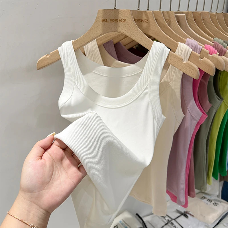 2024 Summer Womens Solid Round Neck Ribbed Tank Top Basic Elastic ONeck 250319