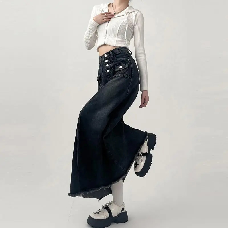 High-waisted Cargo Denim Skirt Womens Autumn Long A-line Mid-length Skirt Retro Raw Edge Y2k Female Clothing Korean Style 250319