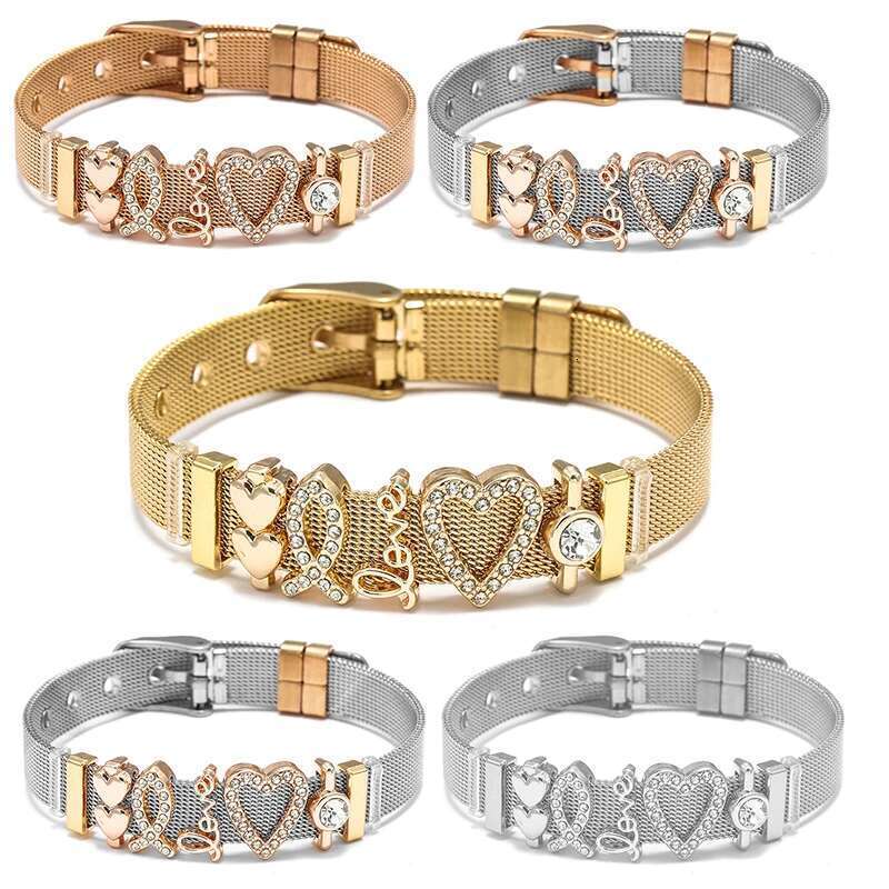 Stainless Steel Crystal Heart Love Beads Bracelets Original DIY Mesh Keeper Bracelets Bangles For Women Men Fashion Jewelry Gift