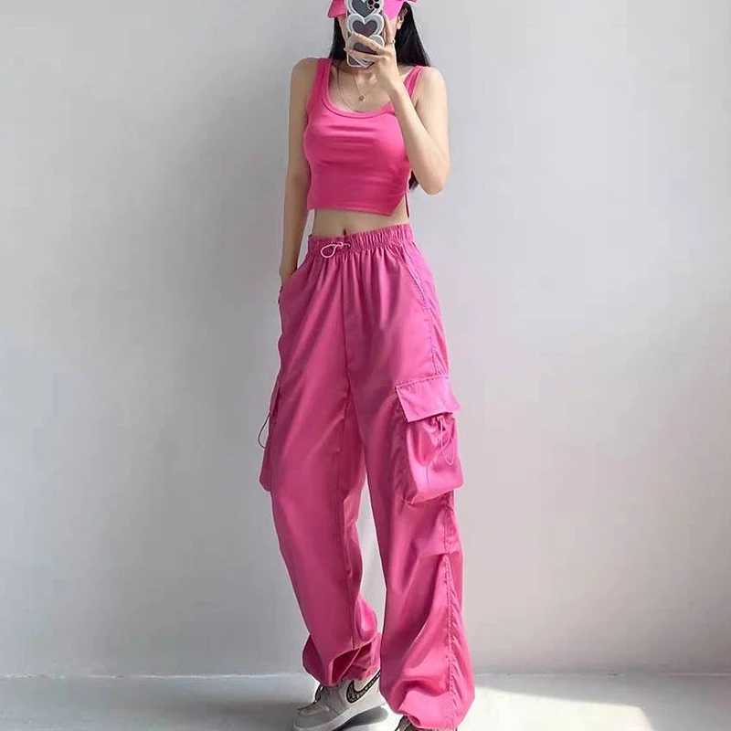 Y2K Streetwear Casual Womens Cargo Pant Matching Oversized Sweatpant Drawstring High Waist Jogger Trousers Chic Wide Leg PantsT250318