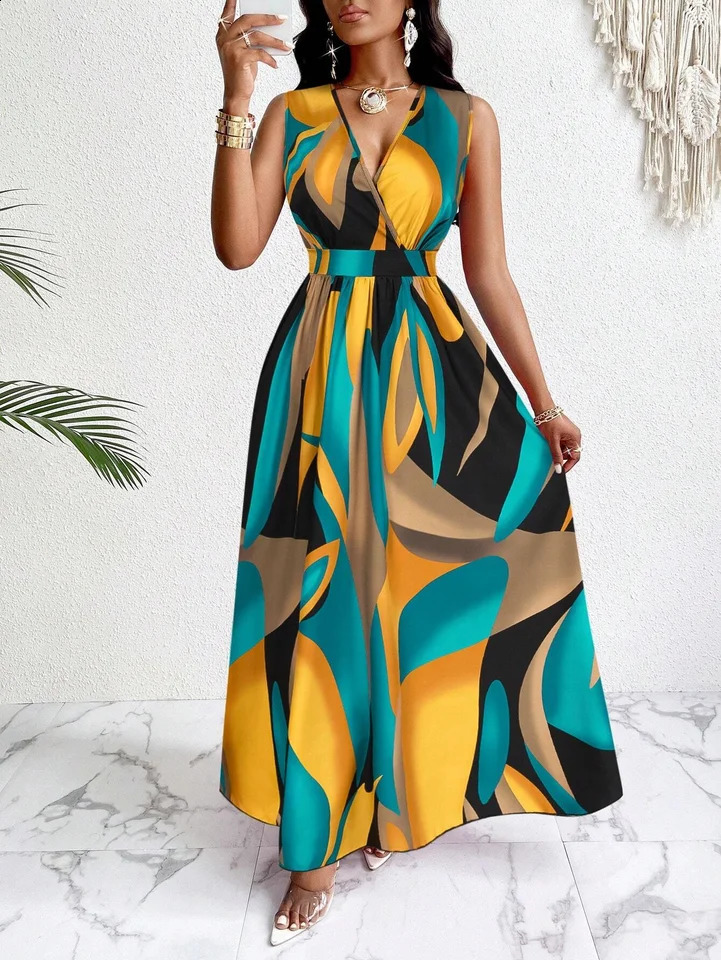 Tropical Print V-Neck Waist Section Cable Knit Fit And Flare Dress Maxi Women Outfit 250313