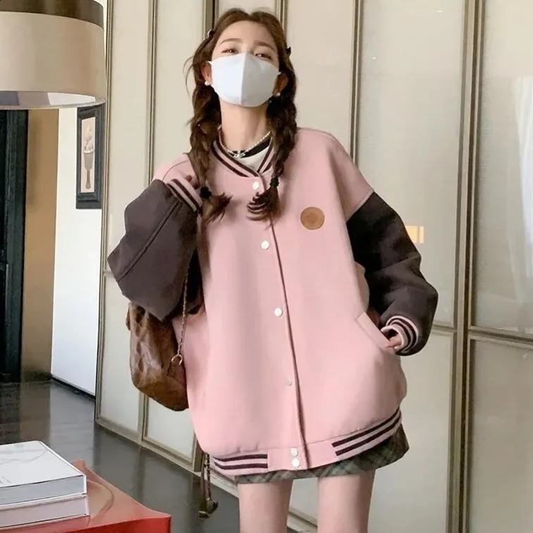 Pink Retro College Style Baseball Coat Jacket Women n Sense Splicing Casual Top 250317