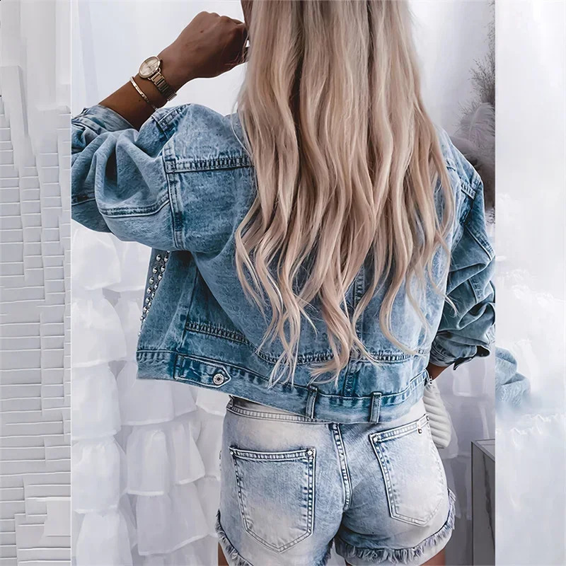 Fashion rivet decoration short jacket womens large pocket splicing work casual single breasted open top denim 250319