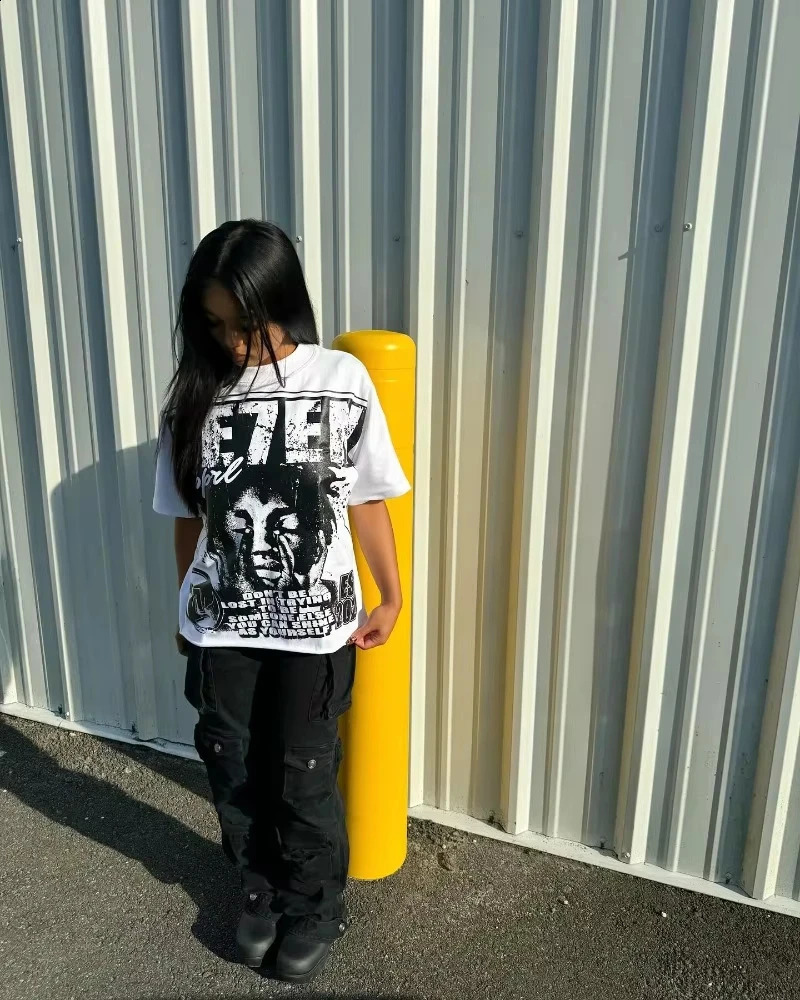 Y2K top Alphabet print Street Harajuku short sleeved Tshirt mens 2024 retro loose couple casual oversized shirt from the United States 250318