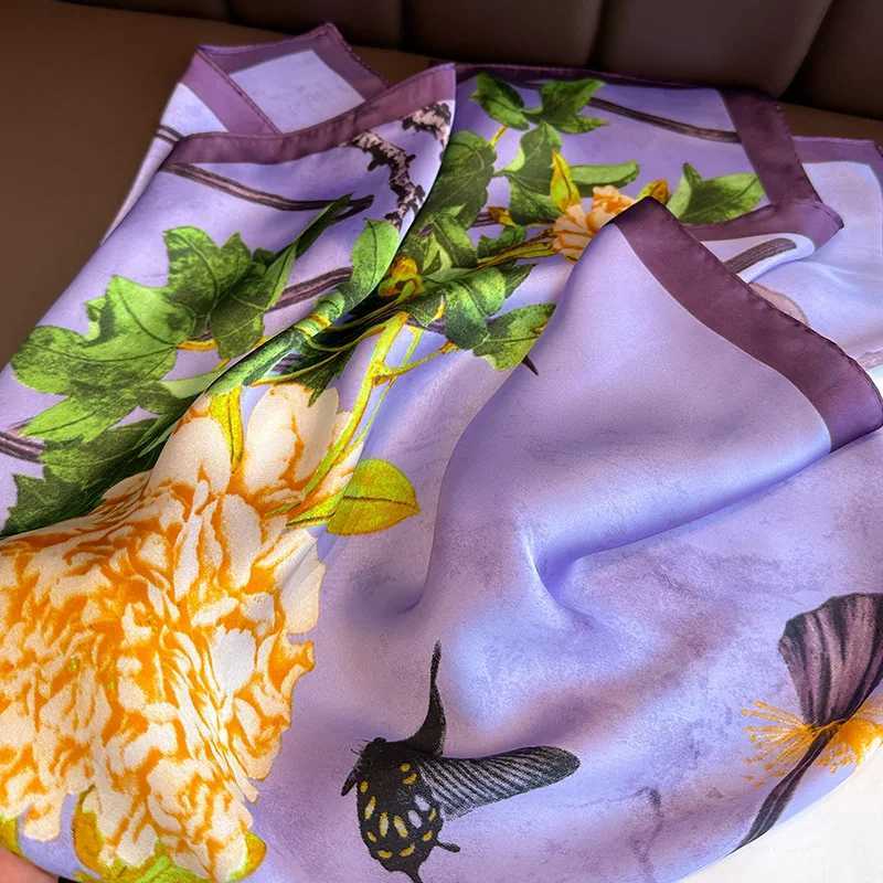 Purple Floral Print Silk Scarfs Men 70cm Square Scarves Fem Hijab Soft Satin Neckerchief Casual Decorate Lady Neck Ties X250319