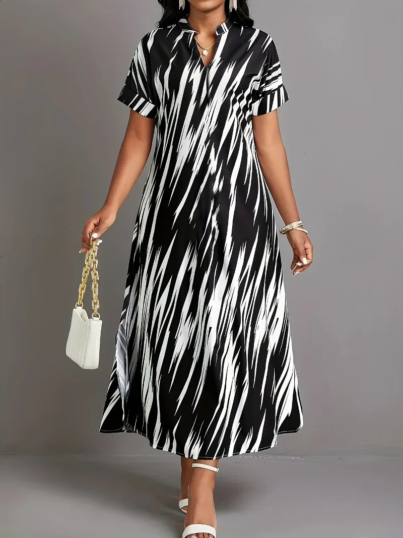 Plus Size 1XL5XL Womens Geometric Printed Knee Length Dress Split Short Sleeve Elegant Fashion Casual Long 250319
