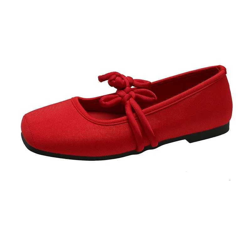 Ethnic style womens red satin Mary shoes Fi light square toe shoes Spring and Autumn soft soled ballet shoesXJ250319