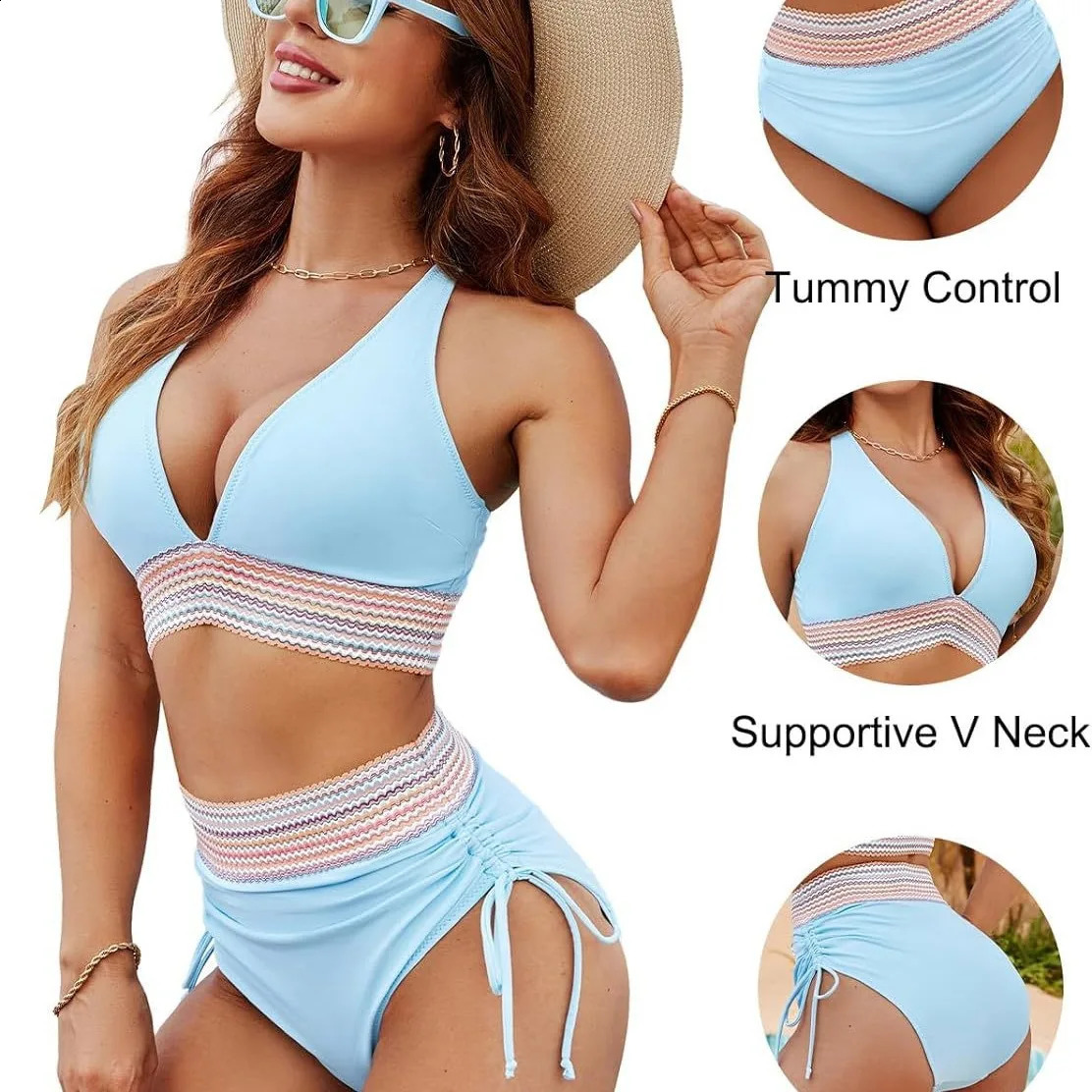 Womens Shoulder High Waist Split Bikini Swimsuit Set with Chest Cushion and Adjustable Shoulder Straps 250314
