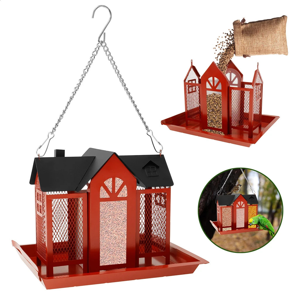 Bird feeder hanging metal bird house large capacity red multipurpose product for outdoor gardens 250318