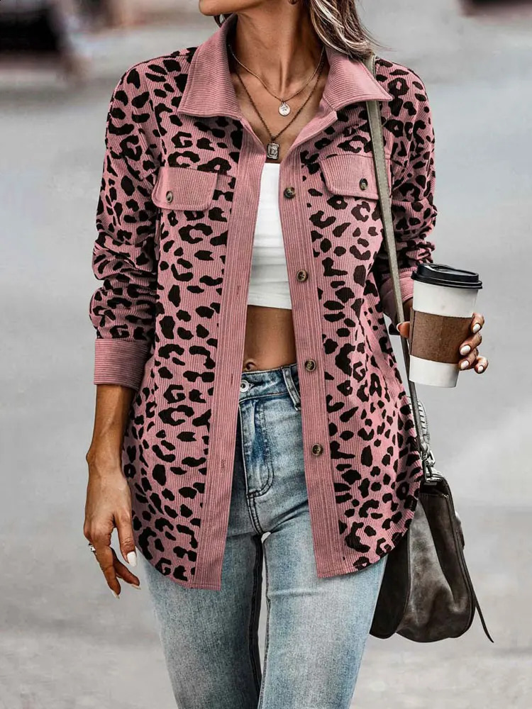 Autumn Leopard print Jacket Womens Corduroy Jacket Coat Womens Jacket Long Sleeve Winter Loose Shirt Womens Jacket 250317