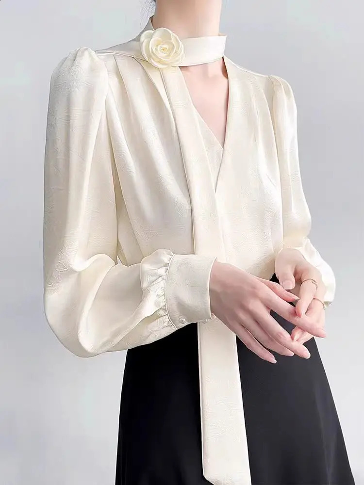 2025 Ladies Clothes French Elegance Rose Bow LongSleeve Blouse Womens Chic SpringAutumn Top Satin High Quality Clothing 250319