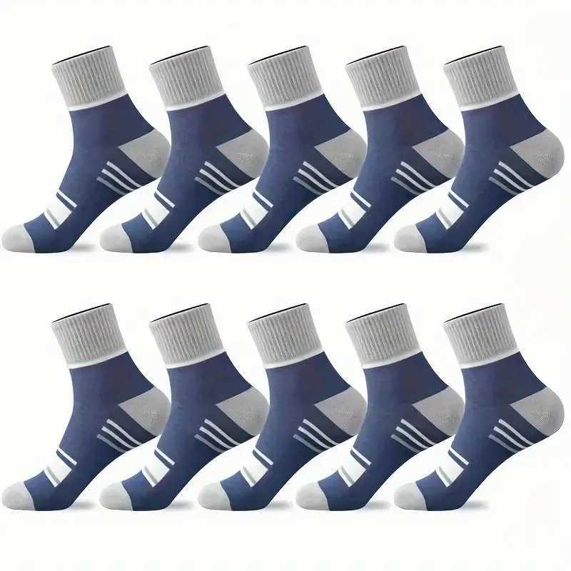 10 Pairs Men Color Blocked Mid Tube Socks Fashionable Stripes Sweat Absorbing Breathable Soft Comfortable Casual Neutral Socks X250319