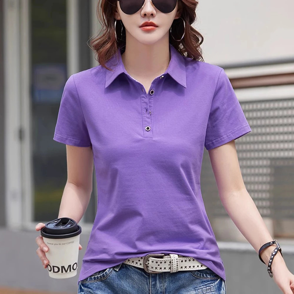 Korean version purple pure cotton lapel short sleeved t-shirt womens summer outfit polo collar loose casual sports top 250318