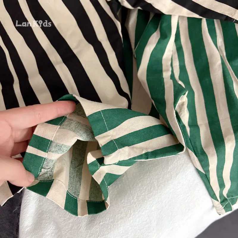Vintage Black/green Stripe Little Boys Pants Spring Fall Cotton Breathable Kids 7 Points Pants Children Trousers with PocketsT250318