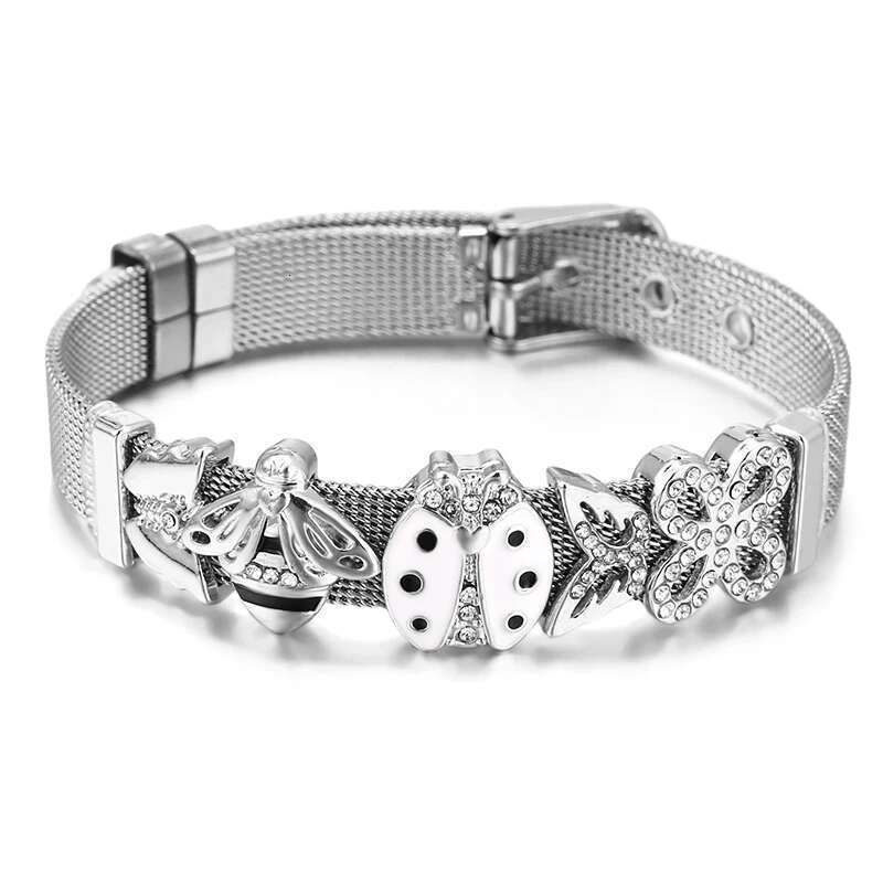 10Mm Crystal Bees Butterfly Beads Charm Bracelets DIY Stainless Steel Mesh Bracelet Pulseras Mujer For Women Men Jewelry Gift