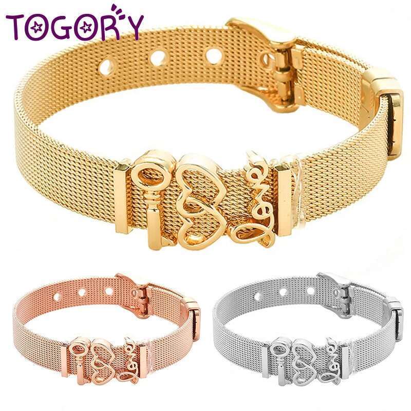 Fashion Ladies Stainless Steel Mesh Bracelets Crystal Love Key Kepper Adjustable Size Bracelets For Women Men Jewelry Gift