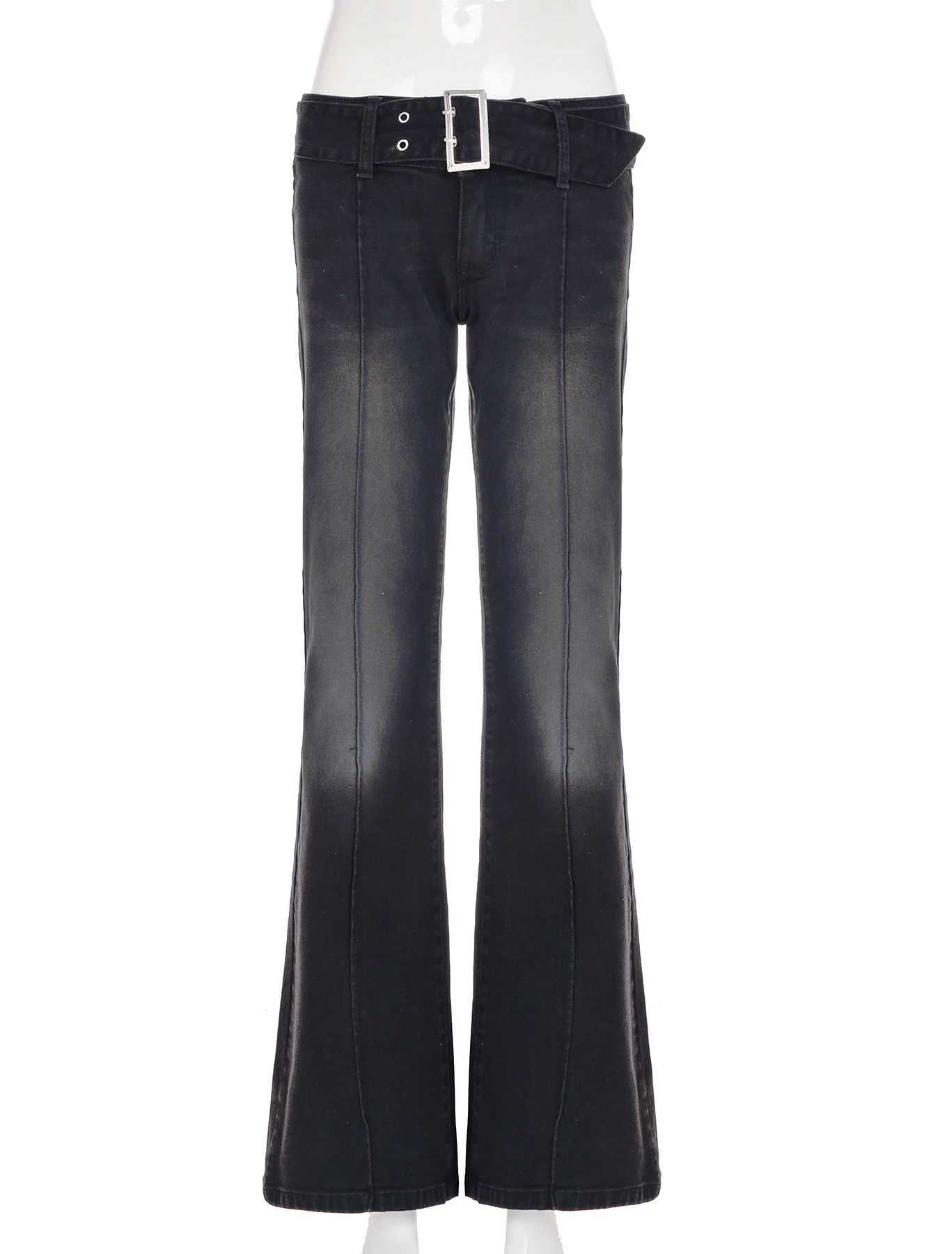 IAMSURE casual low rise jeans with belt Y2K basic ultra-thin pocket Flare Pants womens 2025 Spring/Autumn streetwear womensT250319