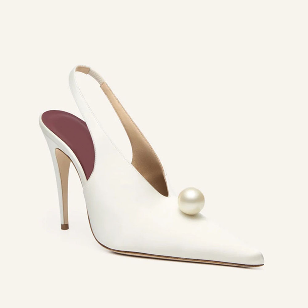 Magda Butrym Faux-Pearl flower Embellished satin Dress shoes Sandals heeled pumps Pointed Toes Slip-on designer high heel Women Evening Party Wedding 