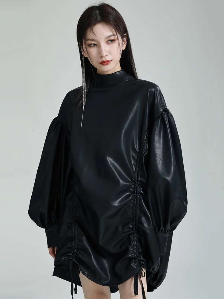 Women Green Pu Leather Drawstring Big Size T-Shirt New Turtleneck Long Sleeve Fashion Tide Spring Autumn 2025 1Dh1358