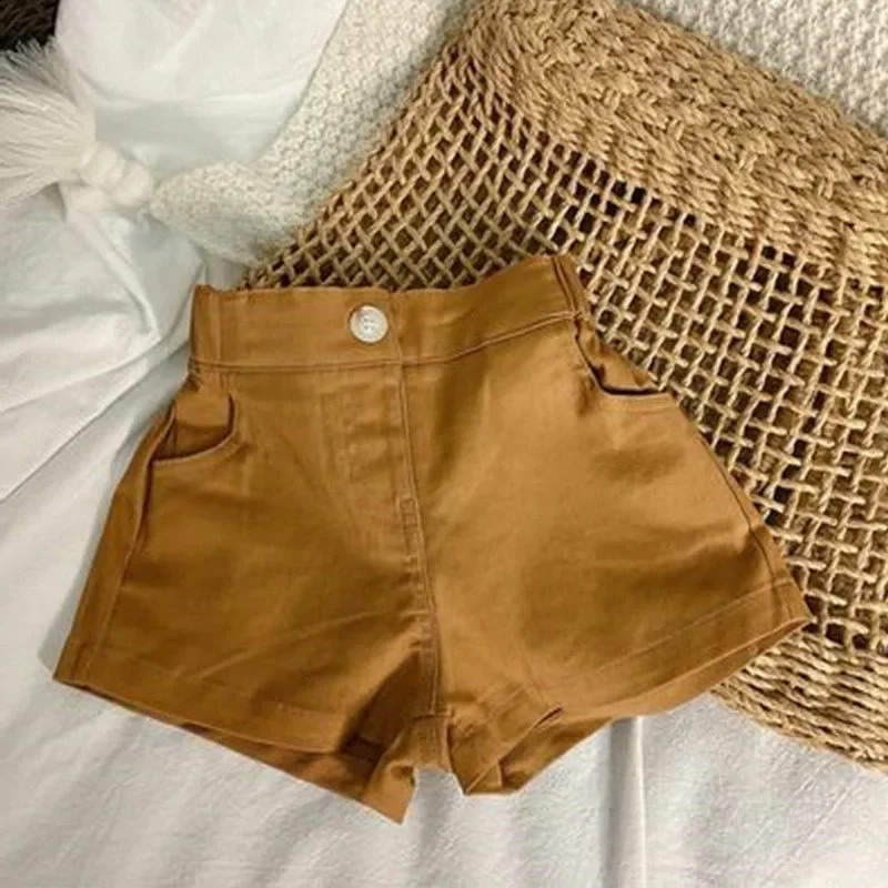 Summer Girls Shorts Baby Fashion Childrens Personality Trendy Korean Style Solid Color Casual High Waisted Versatile Pants 250319