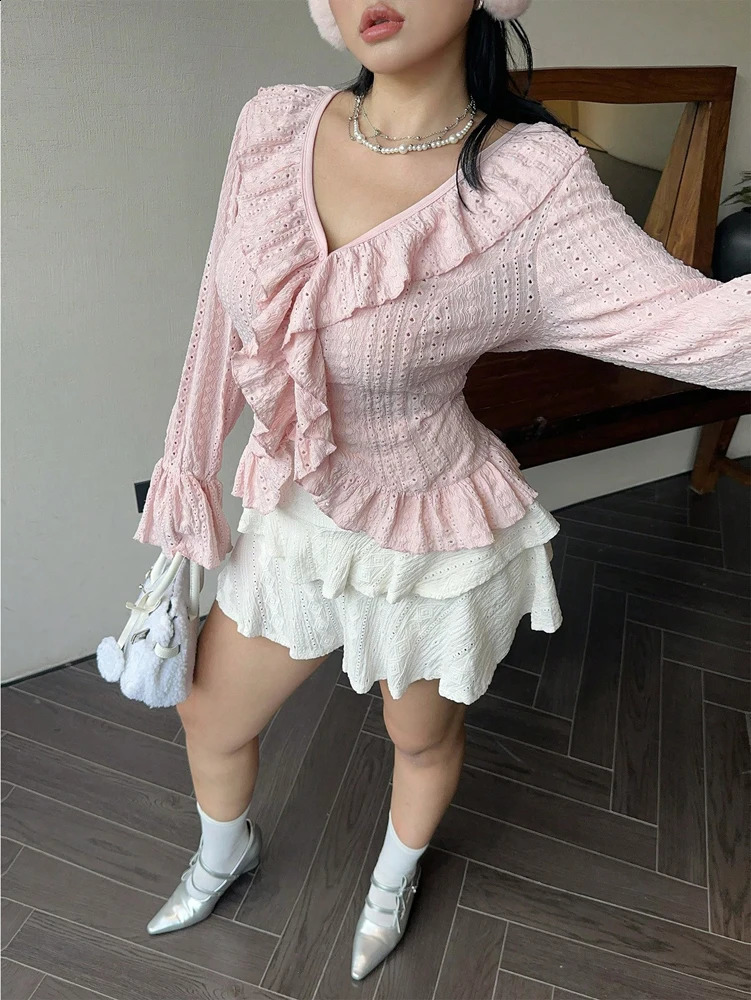 Plus Size Womens Elegant French Ruffle Flared Sleeve Blouse Pink VNeck Bubble Sweetheart 250319
