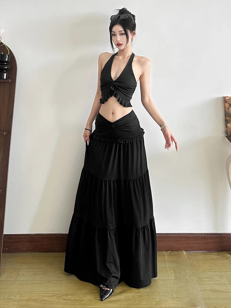 Nibber Vacation 2 Piece Set Women Halter Backless Crop CamisoleElastic Waist Ruffles Long Skirts Ruched Elegant Street Suits 250318