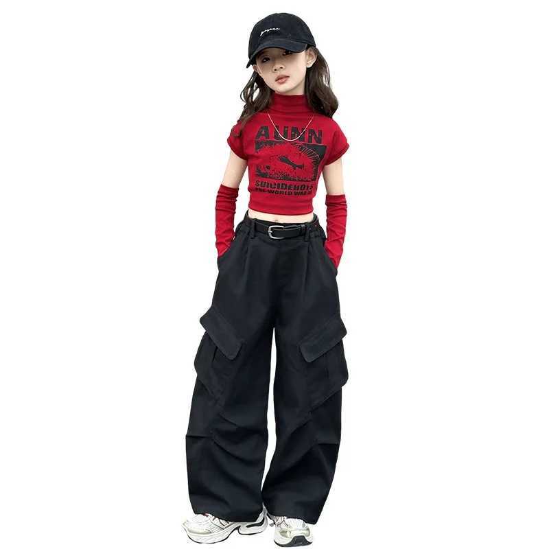 spring teen girls Wide leg cargo pants junior kid Casual cargo pants trousers Broken sleeve t-shirt Hip hop jazz street danceT250318
