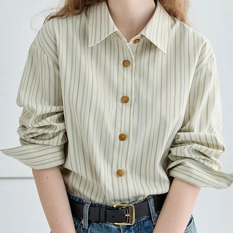 Spring/Autumn Vintage Loose Striped High Quality Long Sleeve Shirt Original Casual Elegant Fashion Womens Top 250318