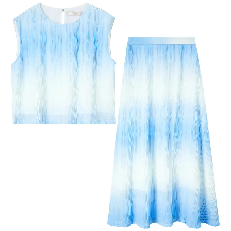 SENTUBILA Women Summer Skirt Set 2025 Blue White Gradient Cropped Tank Top Flowy Midi Skirt Womens Vacation Outfits 142Z54315 250318
