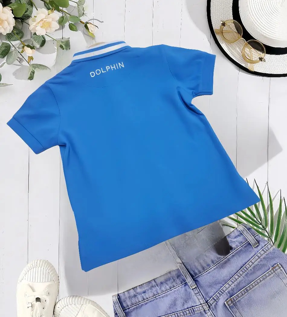 Summer boys style embroidery color contrast lapel single breasted blue short sleeve T-shirt breathable comfortable POLO shirt to 250319