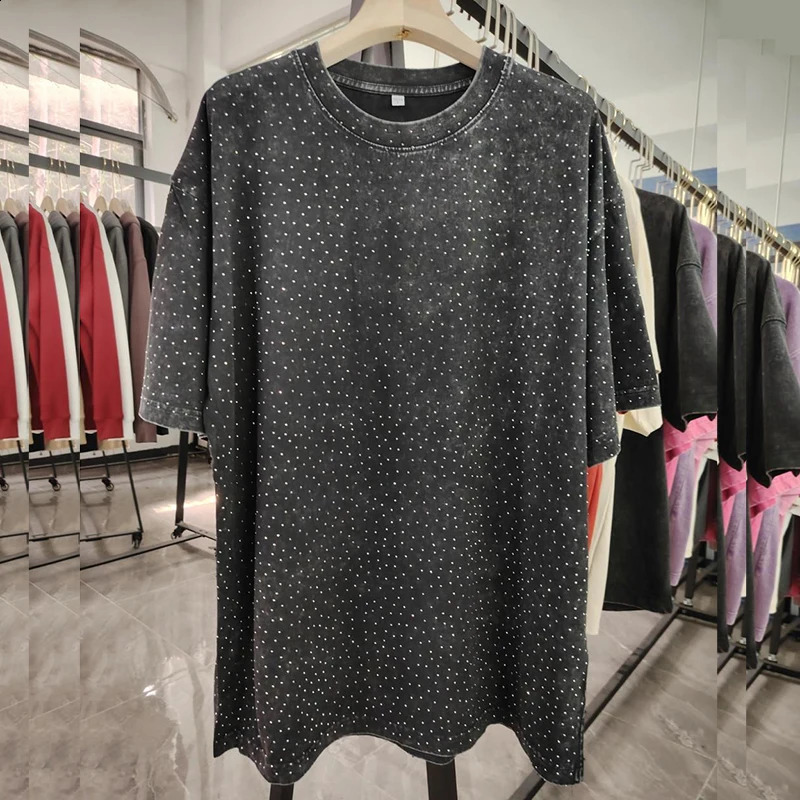 Full Printed Rhinestone T-Shirt Oversize 100% Cotton Retro T Shirt Adult Unisex Vintage Washed TShirt Short Sleeve Streetwear T 250318