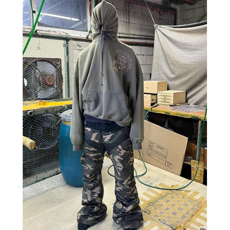 Grailz Paris style motorcycle micro brushed wax splicing camouflage men's trendy brand knee pleated American workwear pants