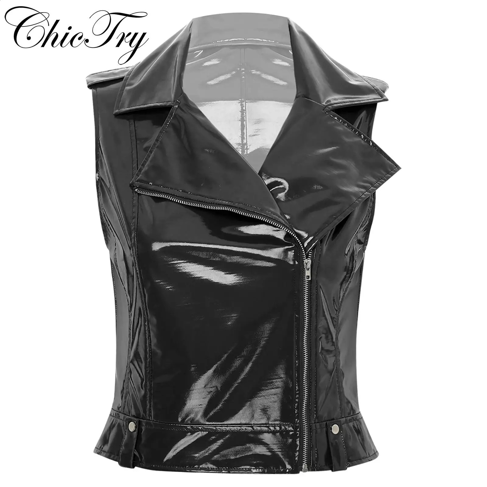 Womens shiny leather motorcycle jacket vest bicycle club streetwear sleeveless front zipper 250319
