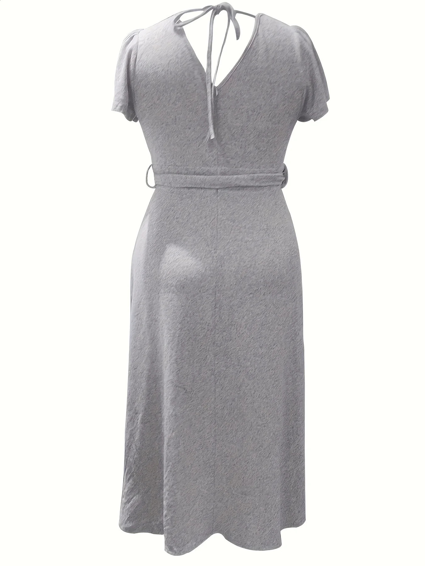 Plus Size Casual Dress Solid Short Sleeve Surplice Neck Maxi With Belt 250319