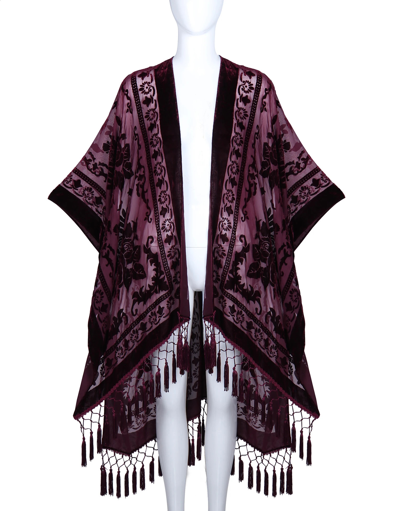WeHello Bohemian burnt plush kimono Womens long Purple Tassel Beach Cover-up Holiday Casual Cardigan Shawl JYPF-20 250319