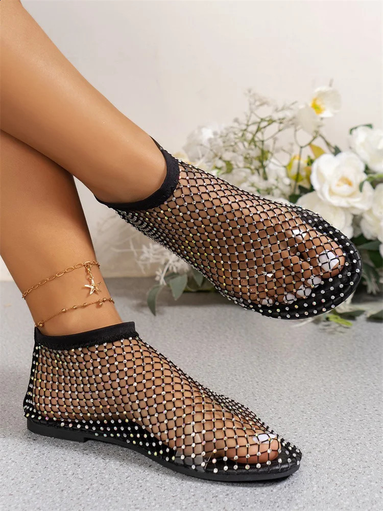 Msfilia Round Toe Sandals With Hollowed Out Internet Famous Diamond Studded Short Boots Summer Sexy Plus Size Flat Shoes 250317