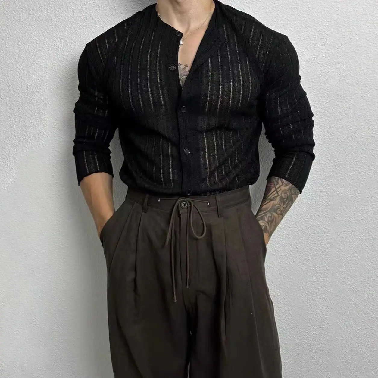 Large mens V-neck sexy knitted cardigan solid color long sleeved hollow polo shirt mens top 250317