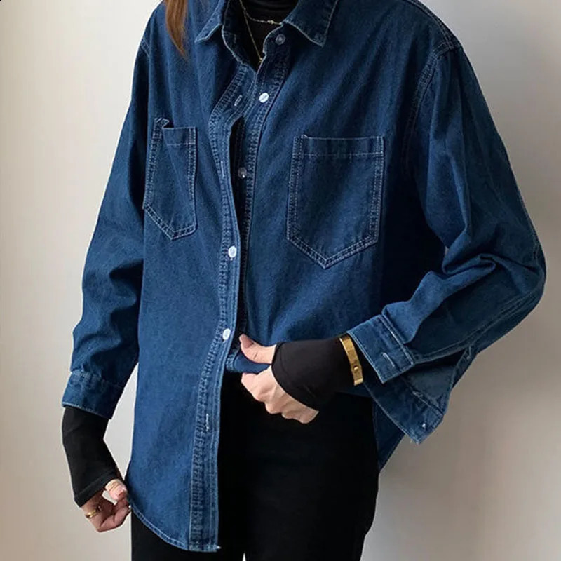 Lucy 2024 Autumn Blue Denim Jacket Womens Retro Loose Collar Shirt Fashion Button Office 250319