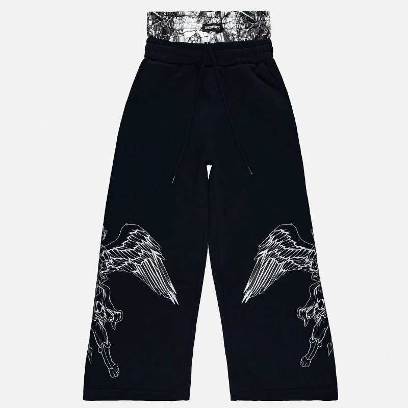 Y2K retro sweatpants high street print camouflage double waist straight leg pants angel pattern solid color men women casualwear X250319