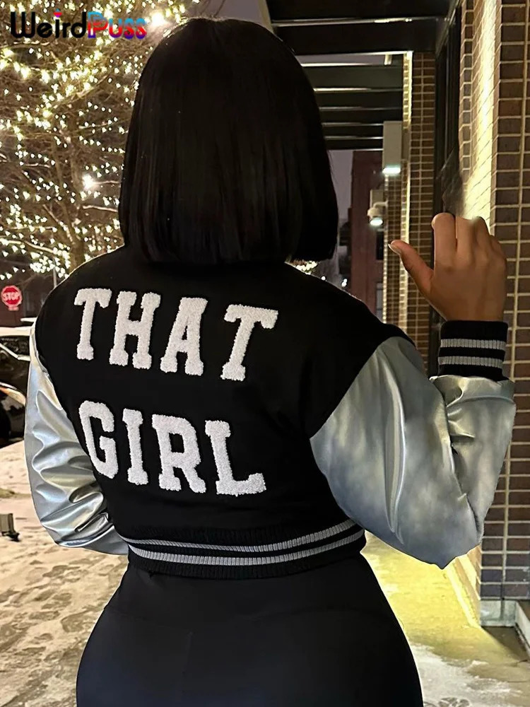 Weird Puss Fluffy Letter Short Jacket Varsity Women Hipster Leather Sleeve Patchwork Y2K Baseball Casual Wild Streetcoat Outwear 250317