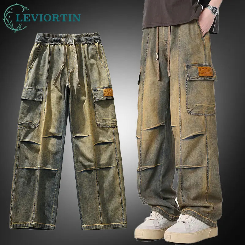Vintage Jeans Pants for Men High Street Yellow Mud-Dyed Washed Ripped Denim Overalls Trousers Man Workwear Plus Size 6XL 7XL 8XL 250317